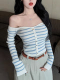 Early Autumn Shoulder Stripe Slim Short Bottom Long-Sleeved Knitted Shirt Slim Thin Waist Bottom Shirt Top Dress Woman