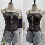Punk Babes Hollow Strapped Braped Pu Skin Top Female Tight Sexy Short Hanging Neck Vest 2765
