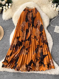 Vintage Print 100-Fold A-Word Niche Dress Women High Waist Thin Design Sense Commuting High-End Long Dress