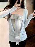 Korean Hottie Style Striped Bra Long Sleeve T-Shirt T-Shirt Girl Spring Huge Slim Slim Thin Two-Set Top