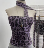 Real-Patting Mesh Leopard Print Sexy One-Word Shoulder Hanging Neck With Chest Vest With Chest Pad Short Top 15971