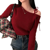 Sexy One-Word Collar Shoulder With Sweater Female Korean Version Of Autumn And Winter New Slim Short Knitted Shirt Top