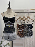 Lace Splicing Camouflage Screen Sling Sling With Chest Cushion Letter Print Sleeveless Top 1618