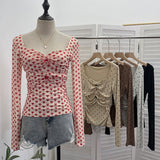 Real Shooting Atmosphere Love Print Net Folded Bow Bow Long Sleeve Bottom Shirt T-Shirt Collar Collar T-Shirt 2831