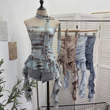 Real Shooting Spice Girls Irregular Lotus Leaf Side Ribbon With Non-Slip Strip Mesh Printing Chest Vest 8037