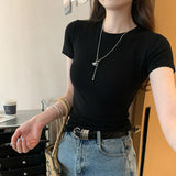 Round Collar Shoulder Short-Sleeved T-Shirt Women's Summer 2025 New Slimming Fish Bone Line Short-Hitting Shirt