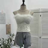 Picts Babes Sling Vest Female Feather Splicing Lace Nails Lily With Chest Pads Short Top 9296