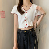 Summer New Korean Button Design Short-Sleeved Set Thin Knit T-Shirt Girl Skinny Umbilled Short Top