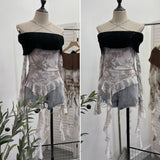 Real Shot Shoulder Cross Hanging Neck Knitting Mesh Yarn Coat Irregular Ribbon Horn Long-Sleeved T-Shirt 1101