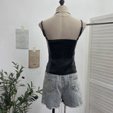 Letter-Print With Chest Pad Pu-Skin Sling Vest Slimming Short Babes Sleeveless Top 1372