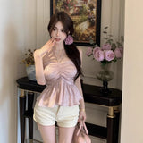 Pink Hanging Neck Small Sling Vest Woman Wearing Summer Sweet Hottie Sexy Shoulder Tat Thai