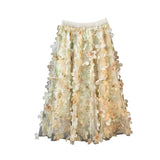 French Romantic Style Three-Dimensional Flower Mesh Splicing Half-Dress Woman Autumn High-Waist A Word Loose Big Swing Skirt