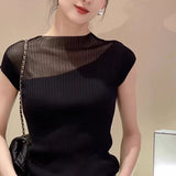French Translucent Black Knitwear Short-Sleeved Knitted Shirt Female Senior Sleeveless Ice Blouse Thin