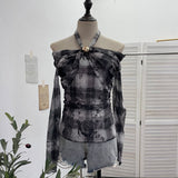 Heavy Industry Hanging Neck Long Sleeve Top Women's Autumn Dress Screen Printing Folds Repair Word Shoulder Bottom T-Shirt 8060