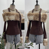 Dizzling Dyeing Collar Splicing Composite Thin Velvet Hanging Neck Shoulder Long Sleeve Top Short Slim T-Shirt 1391