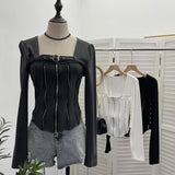 Real Shooting Square Zipper Open Shirt Design T-Shirt Bottoming Shirt Girl Body Short Hot Girl Hair Coat 2679