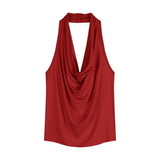 Pure Hot Babes Collared Body Hanging Neck Small Vest Woman 2025 Summer Leisure Design Folds On Thin Clothes