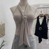 Real Shot With Chest Pad Hanging Neck With Metal Buckle Sling Vest Women Short Knitted Sleeveless Top 9293