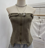 Real-Patring Zipper Open-Shirt With Bra Hottie Wrapped Breast Sexy Outer Wear Vest Short Irregular Sleeveless Top 2770