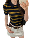Uniquely Good-Looking Striped Knitted Short-Sleeved Polo Shirt Women 2025 Summer New Slimming Single Wear Small Top