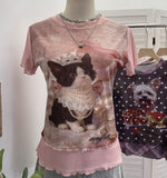 Double-Layer Screen Printed Short-Sleeved T-Shirt For Women's Summer New Dopamine Sweet Moringe Ear Top 2916
