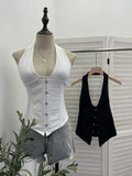 Real Shooting Babes Low-Chested Hanging Neck Slings Fish Bone Collar Belt Belt Buckle Buckle Short Coat 2881