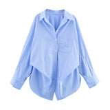 Spring 2025 New Women's Cotton Bat Sleeve Striped Clip Long Sleeve Shirt 2025458