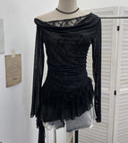 Real Shooting Mesh Collar Splicing Lace Two Long-Sleeved Coat Leaves Edge Ribbon T-Shirt Woman 1323