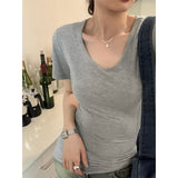 Simple V-Neck Slime Short-Sleeved T-Shirt For Women 2025 Spring And Summer New Ins Shoulder Black Casual Thin Top