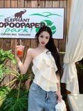 Pink Oblique Shoulder Flower Chiffon Top Female Summer Korean Design Sweet Little Man Multi-Layer Lotus Leaf Side Vest