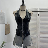 Real Shoot Babes Hanging Neck Deep V Sexy With Chest Pad Pu Sling Sling Zip Open Shirt Woman 8130