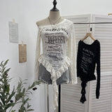 Spice Girl Letter Print Collar Long-Sleeved T-Shirt Girl Irregular Ribbon Ribbon On The Shoulder 2779