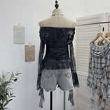 Guangzhou Women's Clothing Mesh Printing Shoulder Folded Horn Long-Sleeved T-Shirt Ribbon 1568