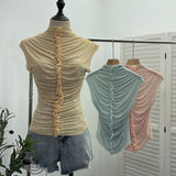 Drilling Sleeveless Vest Wearing Half-High Neck Net Yarn Slime Folded T-Shirt Blouse Female 2589