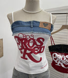 Real-A-Case Letter-Print Spliced Denim Sling Vest Repair Outside The Hot Babes Bumpy Short Sleeveless Top 2309
