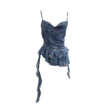 Real Shoot Spice Girl Swing Network Yarn Print Sling Vest Retivating Lotus Leaf Side Ribbon Short Top 1210
