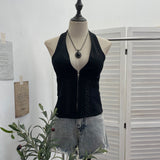 Real Shot With Chest Pad Hanging Neck Sling Sling Zipper Open Shirt Low Breast Sexy Hot Girl Short Top 2810