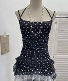 Real Shooting Wave Point Lace With Hanging Neck Sling Vest Splicing Lace Irregular Ribbon Mesh Sleeveless Top 16511