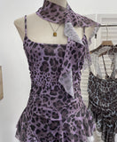 Leopard-Print Spliced Lace Ribbon Hanging Neck Irregular Sling Vest Sleeveless Top 1852