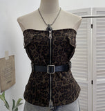 Real-Style Belted Leopard Tectar In Front Of The Zipper Open Shirt 6172