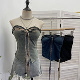 Real Shooting Denim Bra Vest Bump Color With Bow Wood Ear With Chest Cushion Short Sleeveless Top 2866