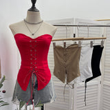 Spice Girls With Anti-Slip Strip Tie With Bow Tector-Meared Waist-Coated Short-Sleeved Top 8150