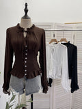 Real Shooting Retro Texture V Tie With Bubble Long Sleeves To Close Waist Folded Shirt Single Buckle Repair Body 23775