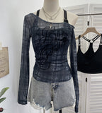 Real Shooting Spice Girls Spring Body Velvet Lattice Print Mesh Two Sets Of Long-Sleeved Tops Short Slings 2827