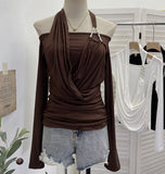 Real Shooting Hottie Shoulder Bead Hanging Neck Cross-Neck Wrinkles Two Long-Sleeved Tops To Repair T-Shirt 2861