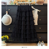 Gentle Wind And Wood Ear Side Hollow Net Yarn Splicing Half Skirt Women Summer High-Waist A Word Loose Multi-Level Cake Skirt