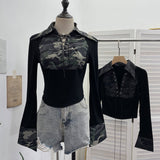 Real Shoot Babes Camouflage Splicing Polo Collar Shirt With Hollow Design Sense Short Long-Sleeved Top 1360