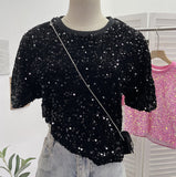 Pink Sequin Short Sleeve T-Shirt 2025 Spring And Summer Korean Version Of Loose Night Club Bling Top 9088