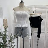 Render Tight Shoulder Bra With Long-Sleeved Lotus Leaf Side Short Chiffon Sexy Shirt 0899