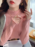 Half-High Collar Thin Knitted Jersey Women's Spring And Autumn New Blouse Fashion With A Foreign Air Wood Ear Sweater Bottom Shirt